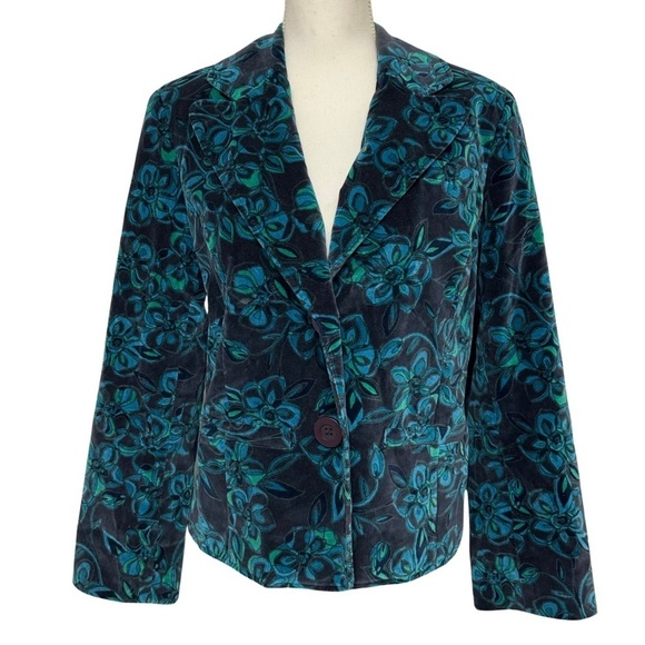 Caslon Floral Print Velvet Blazer Blue & Green Size Large - Picture 1 of 8